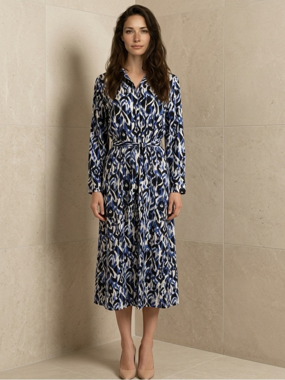 Zara Elegant Blue Patterned Women's Shirt Dress